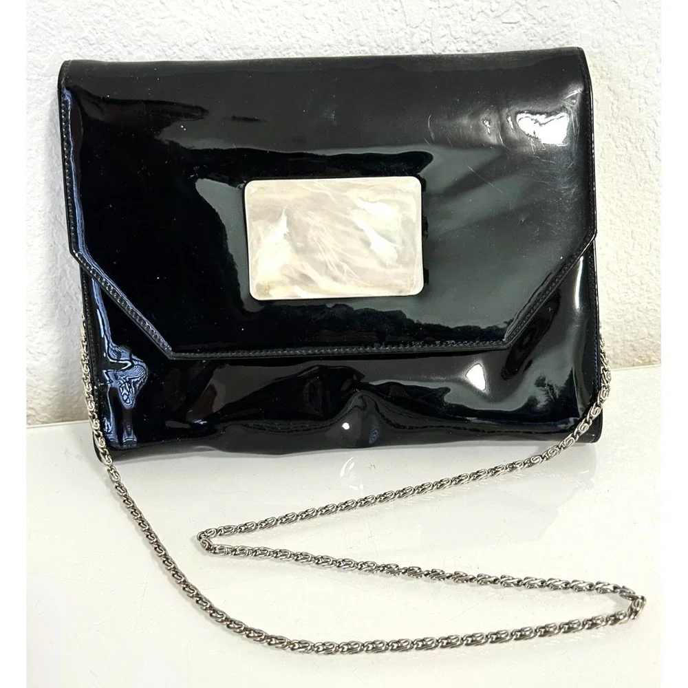 60s Patent Envelope Clutch Shoulder Purse Bag Marble Lucite Detail Chain Black